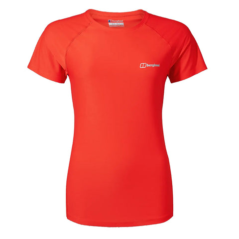 A short-sleeved red t-shirt is displayed facing forward featuring a logo on the left side. The fabric appears smooth and form-fitting, suitable for casual or active wear.