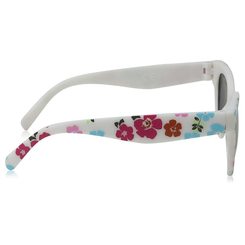 Sunglasses with a floral pattern on a white frame sit in a neutral space showcasing colorful flowers including pink and blue against a light background.