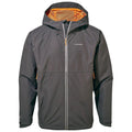 A black waterproof jacket features an orange mesh lining and a hood with adjustable cords. It has a front zipper and two side pockets, suitable for outdoor activities.