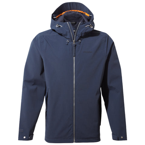 A navy jacket with a hood is displayed with a zipper and adjustable drawstrings the interior features an orange lining designed for outdoor wear in cold or wet conditions.