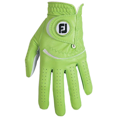 A bright green golf glove is displayed with a textured palm and perforations. It features a white logo and a secure wrist closure designed for comfort and grip during play.