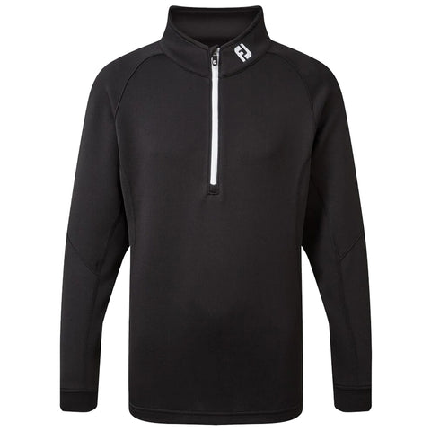 A black half-zip pullover features a high collar and white zipper detail with a logo on the neck area showcasing a sleek, modern design suitable for casual or athletic use.