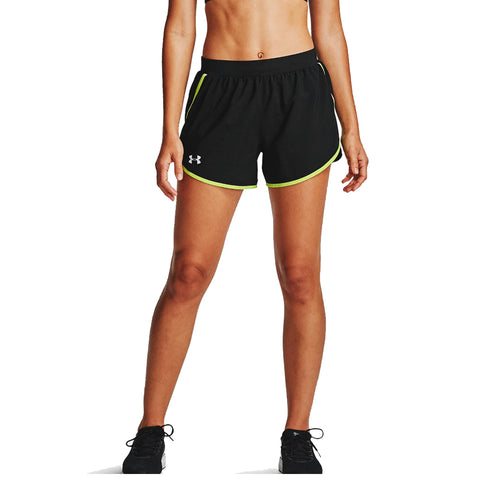 Black athletic shorts with neon green trim are worn by a person standing with their legs slightly apart in a neutral pose in a plain background setting.