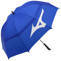 A blue umbrella is opened wide with a white logo displayed prominently on its fabric providing shelter against the elements in an outdoor setting.