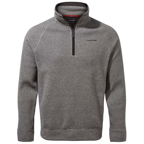 A gray pullover sweatshirt with a half zipper is presented hanging. The garment features a textured pattern and a collar designed for warmth in cooler environments.