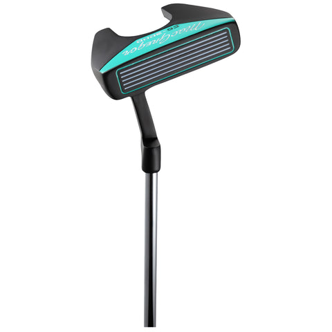 A golf putter stands upright with a sleek black and teal design featuring horizontal grooves on the face and a silver shaft reflecting light in a neutral background.