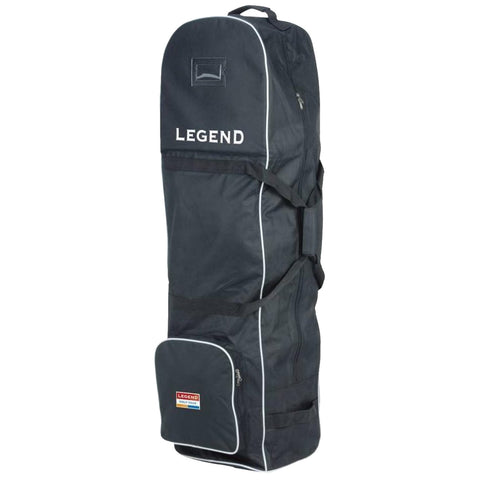 Tall dark bag with white accents stands upright featuring straps and one pocket containing the text LEGEND and LEGEND GOLF GEAR indicating storage for golf equipment.