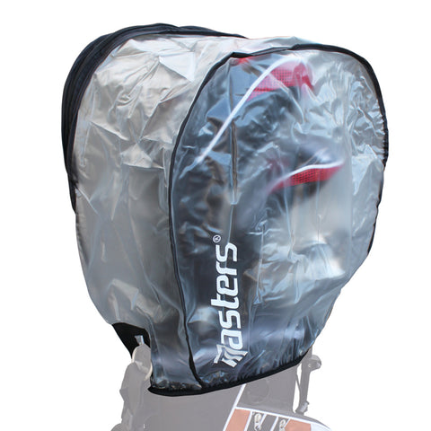 A transparent protective cover encases a golf bag with visible red club heads the cover is designed to shield the bag from moisture and dirt in an outdoor setting.