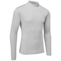 A long-sleeved gray t-shirt with a high neck is displayed upright showcasing its smooth fabric and fitted style against a plain background suggesting it is intended for athletic or casual wear.