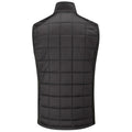 A black padded vest with a quilted pattern stands upright displaying a high collar and no sleeves designed for insulation and warmth in cooler environments.