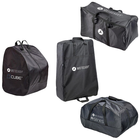 A collection of four black golf bags displayed with various shapes and sizes featuring the logo Motocaddy prominently. They are intended for carrying and protecting golf equipment.