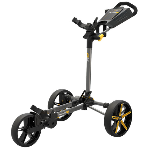 A golf push cart stands upright featuring a sturdy frame and three large wheels designed for easy maneuverability across a golf course while holding golf bags and accessories securely.