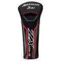 A golf club headcover is displayed featuring a black and white design with red accents the top shows Srixon and 3W branding while the side has ZX MK II graphics