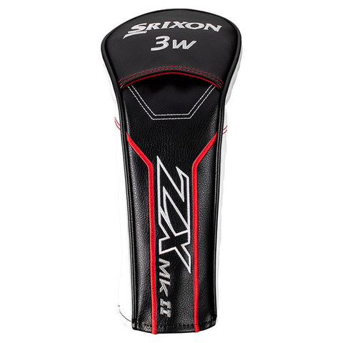 A golf club headcover is displayed featuring a black and white design with red accents the top shows Srixon and 3W branding while the side has ZX MK II graphics