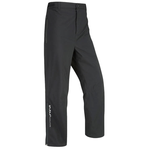 A pair of lightweight, dark gray outdoor pants stands upright displaying a durable fabric and a brand logo on the side designed for activity in variable weather conditions