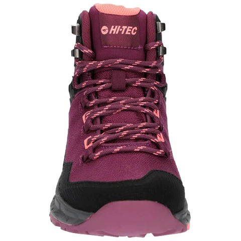 A hiking boot with a maroon and black design features pink accents and laces, positioned upright against a neutral background, designed for outdoor activities and rugged terrain.