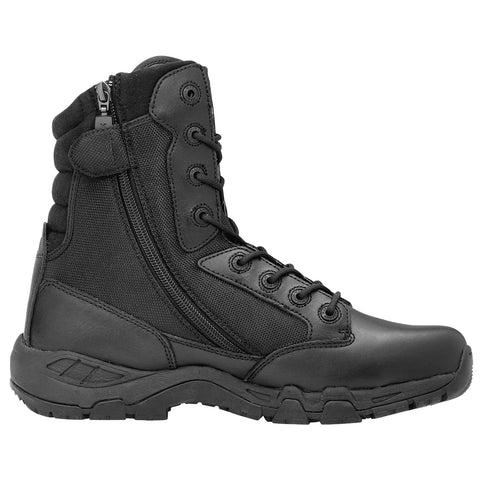 A black tactical boot stands upright featuring a combination of leather and fabric with a side zipper and laces for secure fitting set against a plain background.