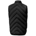 A black puffer vest hangs vertically featuring a chevron pattern on the back and a high collar designed for warmth and layering in cool environments.