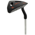 A black golf putter with a curved handle rests upright showcasing a flat striking surface on top featuring markings for alignment and grip texture highlighting its design for precision in gameplay.