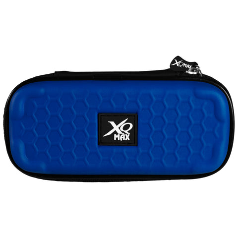 A blue hexagonal patterned case is centered with a black logo patch displaying XQ MAX it appears to be a protective storage container for accessories or small items