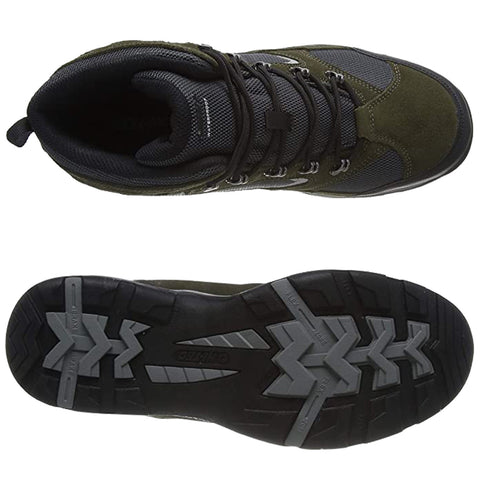 A pair of hiking shoes is displayed from a top view and a bottom view showcasing the sturdy construction and grip pattern intended for outdoor activities in various terrains.