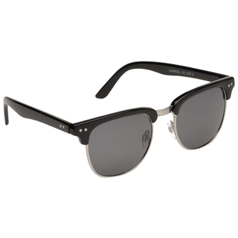 Sunglasses with black frames and dark lenses rest on a surface emitting a stylish and elegant appearance with silver detailing at the bridge accentuating their vintage design.