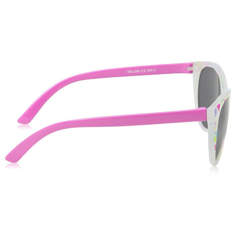 Colorful sunglasses are positioned sideways displaying pink arms and patterned lenses designed for eye protection in bright outdoor settings. They are suitable for casual summer wear.