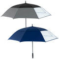 Two umbrellas are displayed. The top umbrella is gray and black while the bottom one is navy blue. Both are open with a central pole and grip handle, suggesting protection from rain.