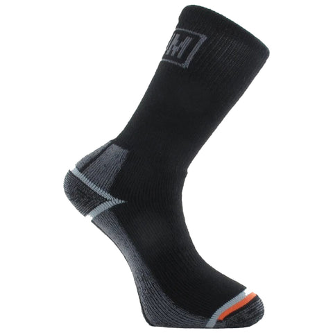 A black sock is displayed standing upright featuring a logo near the top an orange and gray striped pattern at the toe and reinforced areas around the heel and arch.