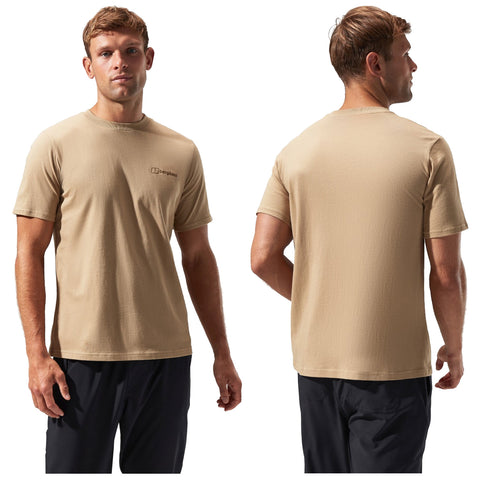 A light brown t-shirt is displayed on a male model standing in two poses showcasing the front and back. The context is plain white, emphasizing the shirt's design and fit.