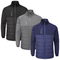 Three jackets are displayed featuring different colors: black gray and navy each has a zippered front high collar and a quilted pattern on the lower section.