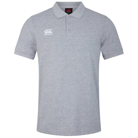 A gray polo shirt is displayed with a buttoned collar short sleeves and a logo on the left chest area the background is plain white