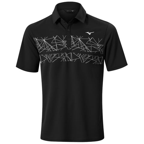 A black polo shirt features a geometric white design across the chest area highlighting a sporty style suitable for casual or athletic wear. The fabric appears smooth and lightweight.