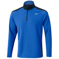 A blue long-sleeve athletic shirt features a half-zip neck and black shoulder accents designed for comfort and performance suitable for sports or casual wear.