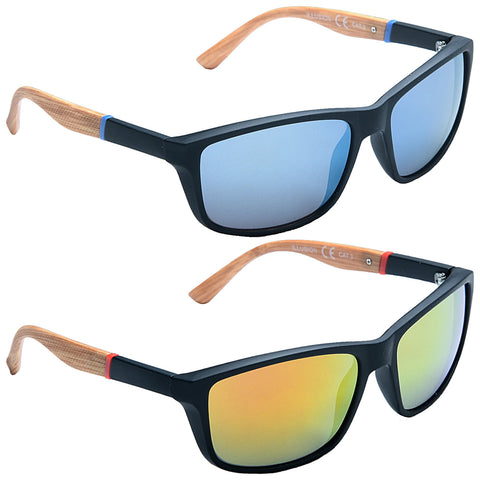 Two pairs of stylish sunglasses are displayed with a black frame and wooden arms one pair has blue tinted lenses and the other has yellow-green tinted lenses.