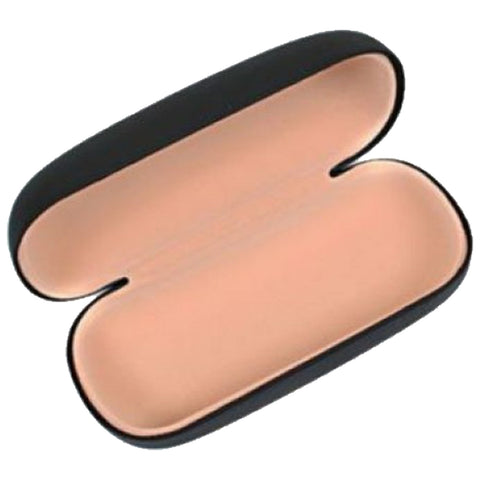 A black eyeglass case is open and reveals a soft beige interior The case is curved on the edges providing a sleek look and is placed against a plain background