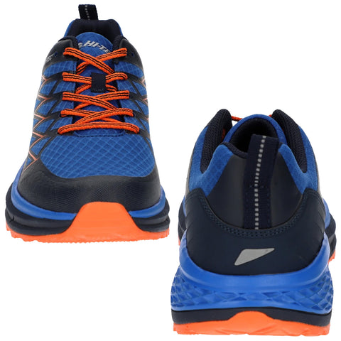 A blue athletic shoe with orange laces and accents sits upright showcasing its mesh upper and cushioned sole designed for comfort and support in a sports environment.