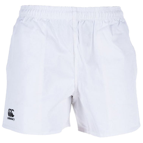 White athletic shorts made of lightweight fabric are displayed front-facing with an elastic waistband and the Canterbury logo on the left side at the bottom.