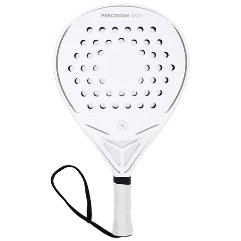 A white paddle with a perforated surface is positioned upright with a black wrist strap. It is designed for paddle sports, showcasing a sleek and modern shape.