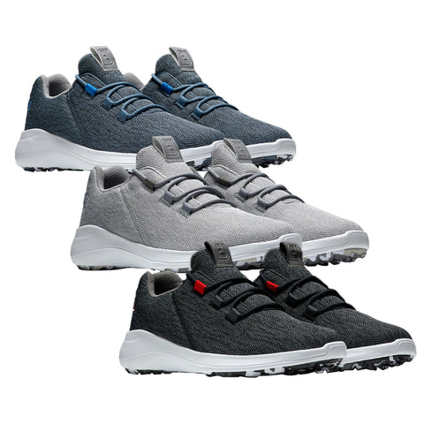 Footwear displayed in various colors is aligned in a stack showcasing the shoes' design with a textured fabric upper and rubber outsoles suited for sports or casual wear.