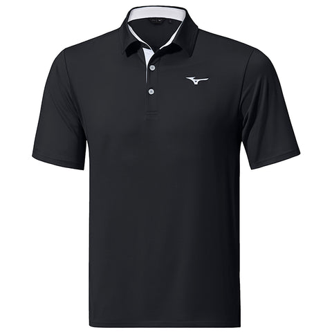 A short-sleeved black polo shirt with a white collar and three buttons is displayed front-facing. The shirt features a small logo on the left side near the collar.