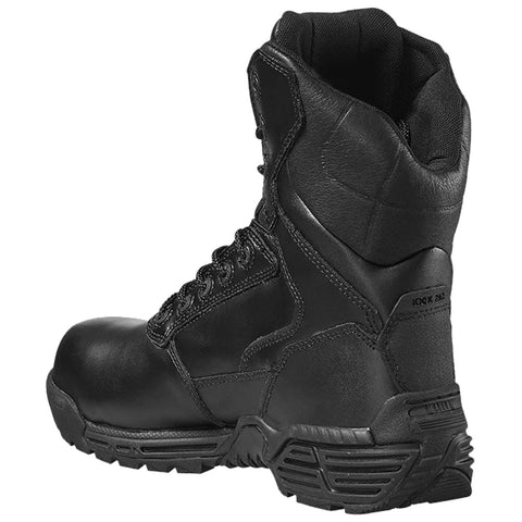 A black tactical boot stands upright showcasing its high ankle design sturdy sole and lacing system emphasizing durability and support suitable for rugged outdoor activities.