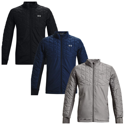 Three quilted jackets are displayed in black, navy blue, and gray. They feature a high collar and front zippers, suitable for outdoor wear in cooler conditions.