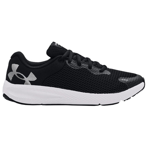 A black athletic shoe with a mesh upper and white sole is displayed on a plain background showcasing its sleek design and prominent brand logo on the side.