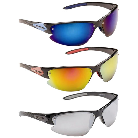 Three pairs of sunglasses are displayed arranged vertically with blue mirrored lenses at the top followed by yellow mirrored lenses in the middle and clear lenses at the bottom all featuring black frames and unique design elements.