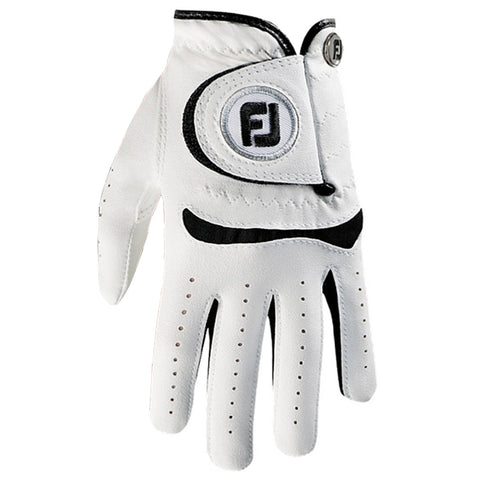 A white golf glove rests palm up showcasing its soft leather and perforations for ventilation with a logo on the back indicating its brand suitable for outdoor sports.