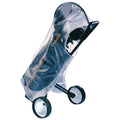 A golf cart is covered with a clear plastic rain cover providing protection from moisture in outdoor settings while displaying wheels and handles visible through the material