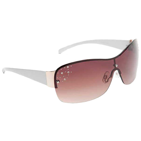 Stylish sunglasses with a gradient brown tint feature decorative rhinestones on the upper rim and sleek silver arms set against a plain background.