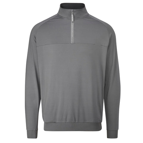 A gray pullover top with a zippered collar is displayed in a plain setting highlighting its smooth texture and casual style suitable for athletic or relaxed wear.