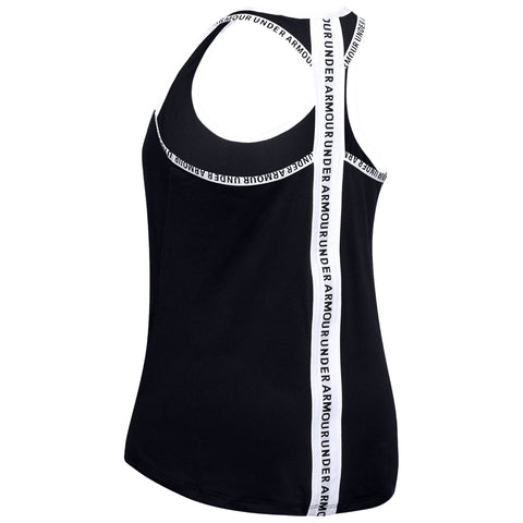 A black athletic tank top features a rounded neckline and a distinctive side strap with repeated branding that reads UNDER ARMOUR in white contrasting text against the black fabric